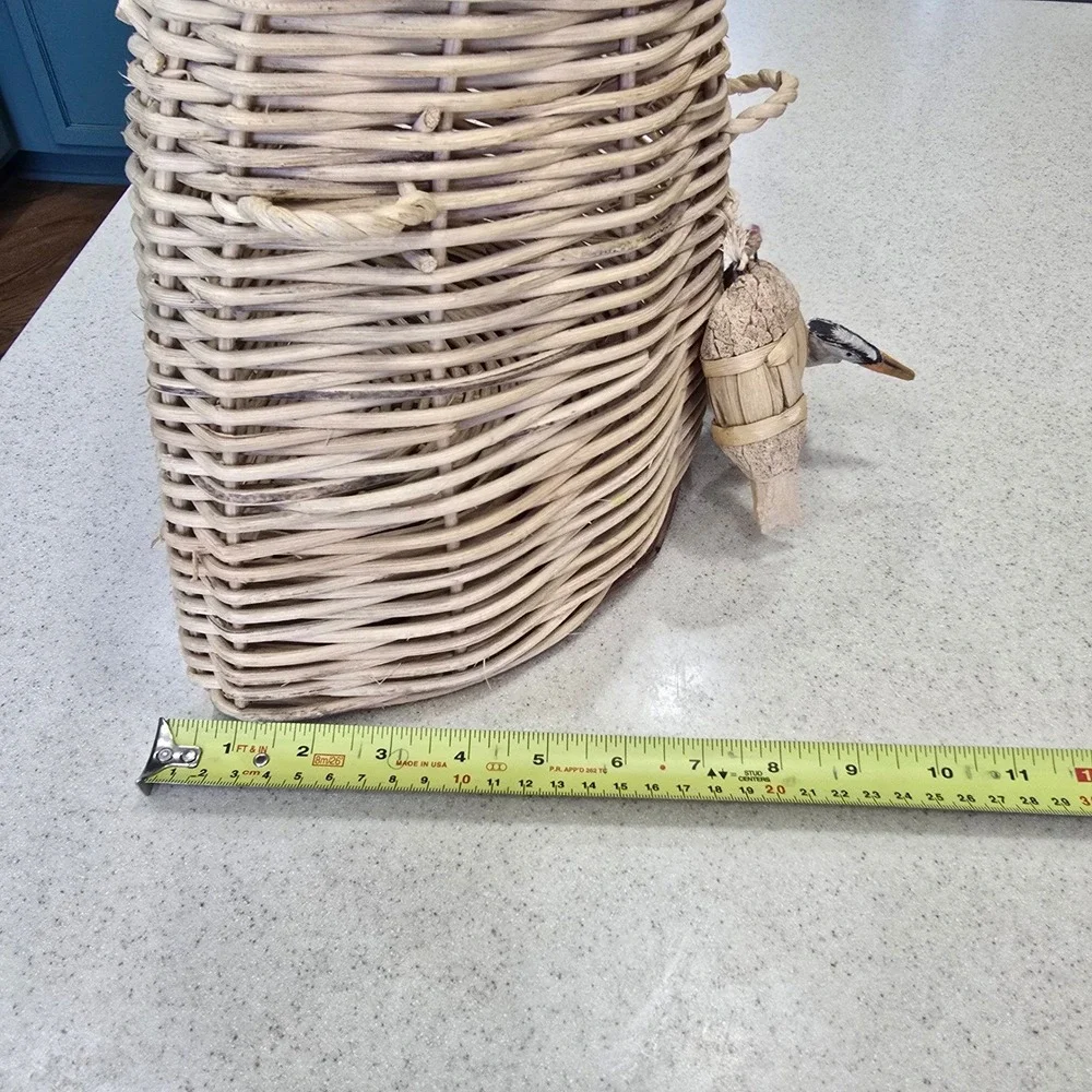 Woven Wicker Wall Hanging Basket with Wooden Heron and fish Charms Coastal Decor